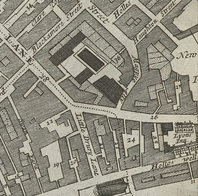 Mapa antiguo de St Mary Savoy, 1720 por Strype y Stow - Londres, Holborn, Strand, Fleet Street, Río Támesis