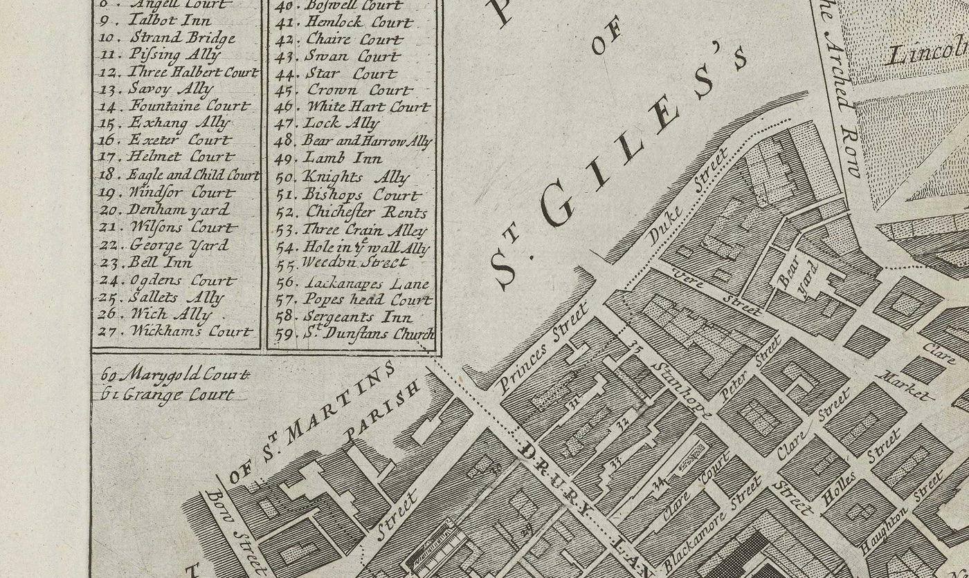 Mapa antiguo de St Mary Savoy, 1720 por Strype y Stow - Londres, Holborn, Strand, Fleet Street, Río Támesis