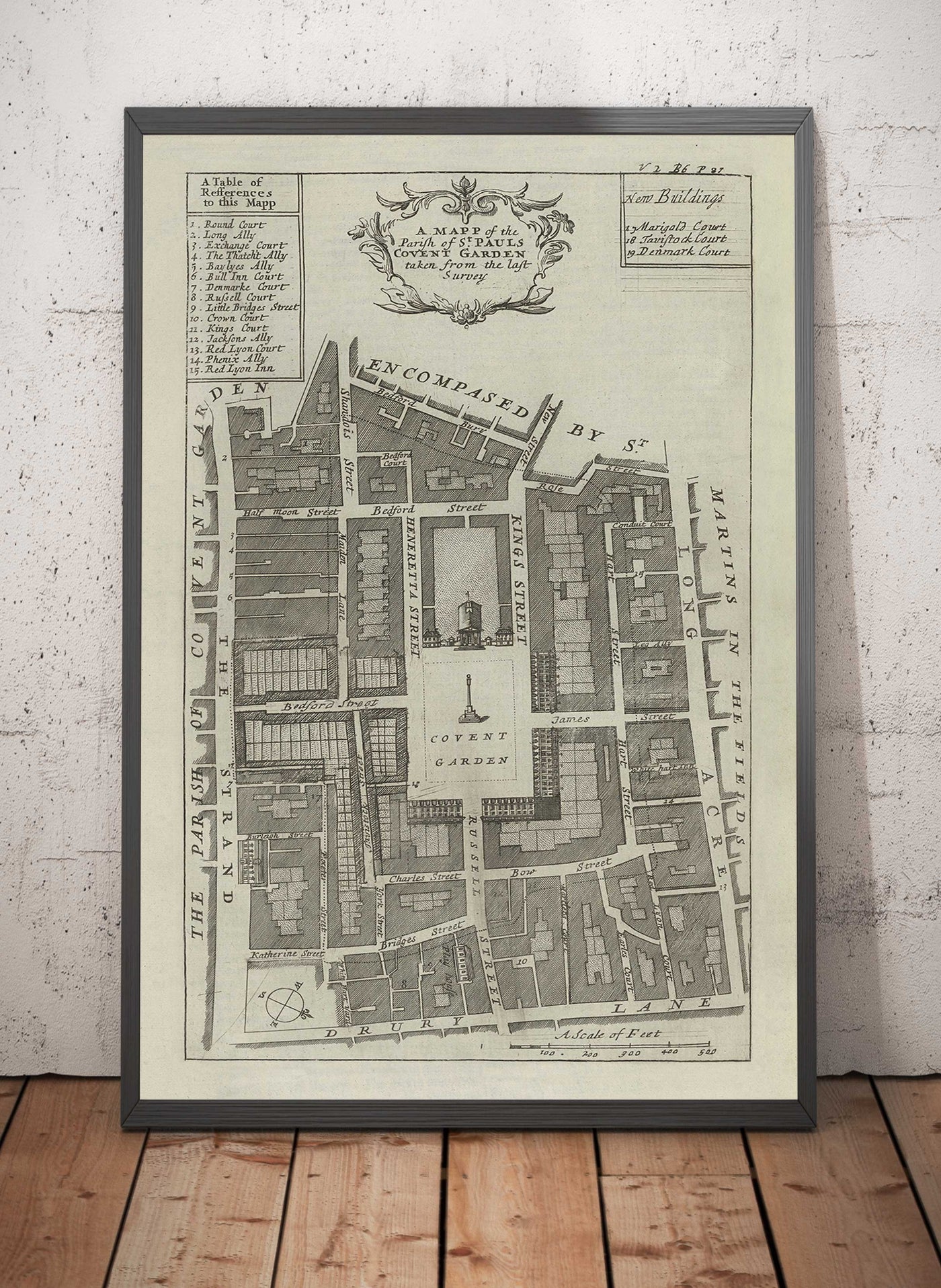 Mapa antiguo de Covent Garden, 1720 por Strype Stow - Londres, Iglesia de San Pablo, King Street, Strand, West End