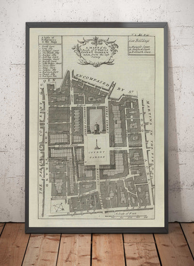 Old Map of Covent Garden, 1720 by Strype Stow - London, St Paul's Church, King Street, Strand, West End