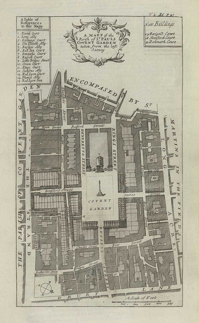 Alte Karte von Covent Garden, 1720 von Strype Stow - London, St Paul's Church, King Street, Strand, West End