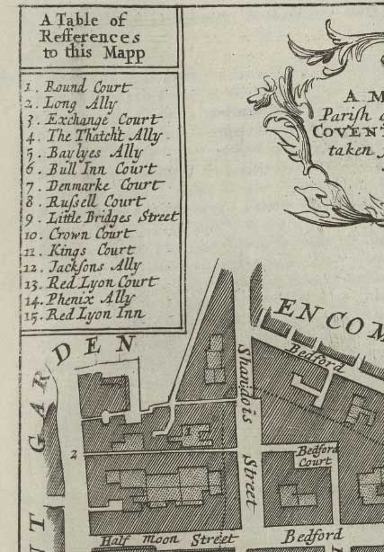 Ancienne carte de Covent Garden, 1720 par Strype Stow - Londres, St Paul's Church, King Street, Strand, West End