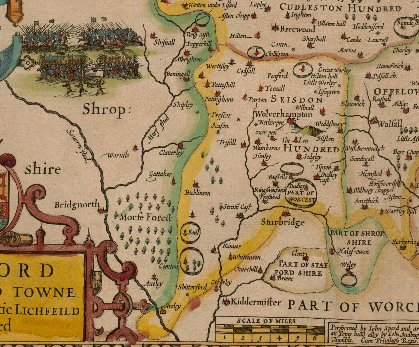 Alte Karte von Staffordshire, 1611 von John Speed ​​- Stafford, Wolverhampton, Stoke-on-Trent, Lichfield, Birmingham, Dudley, Walsall