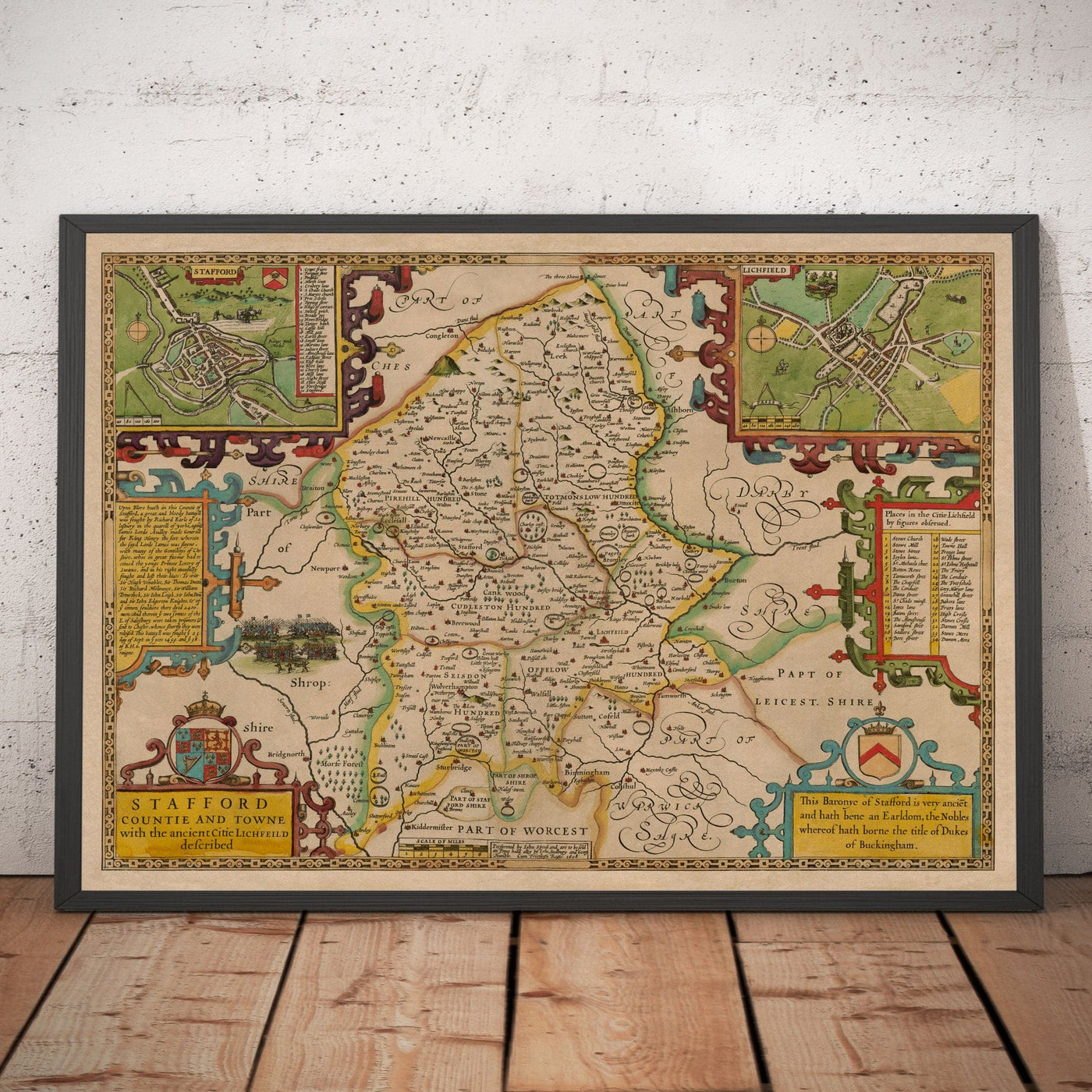 Mapa antiguo de Staffordshire, 1611 de John Speed ​​- Stafford, Wolverhampton, Stoke-On-Trent, Lichfield, Birmingham, Dudley, Walsall