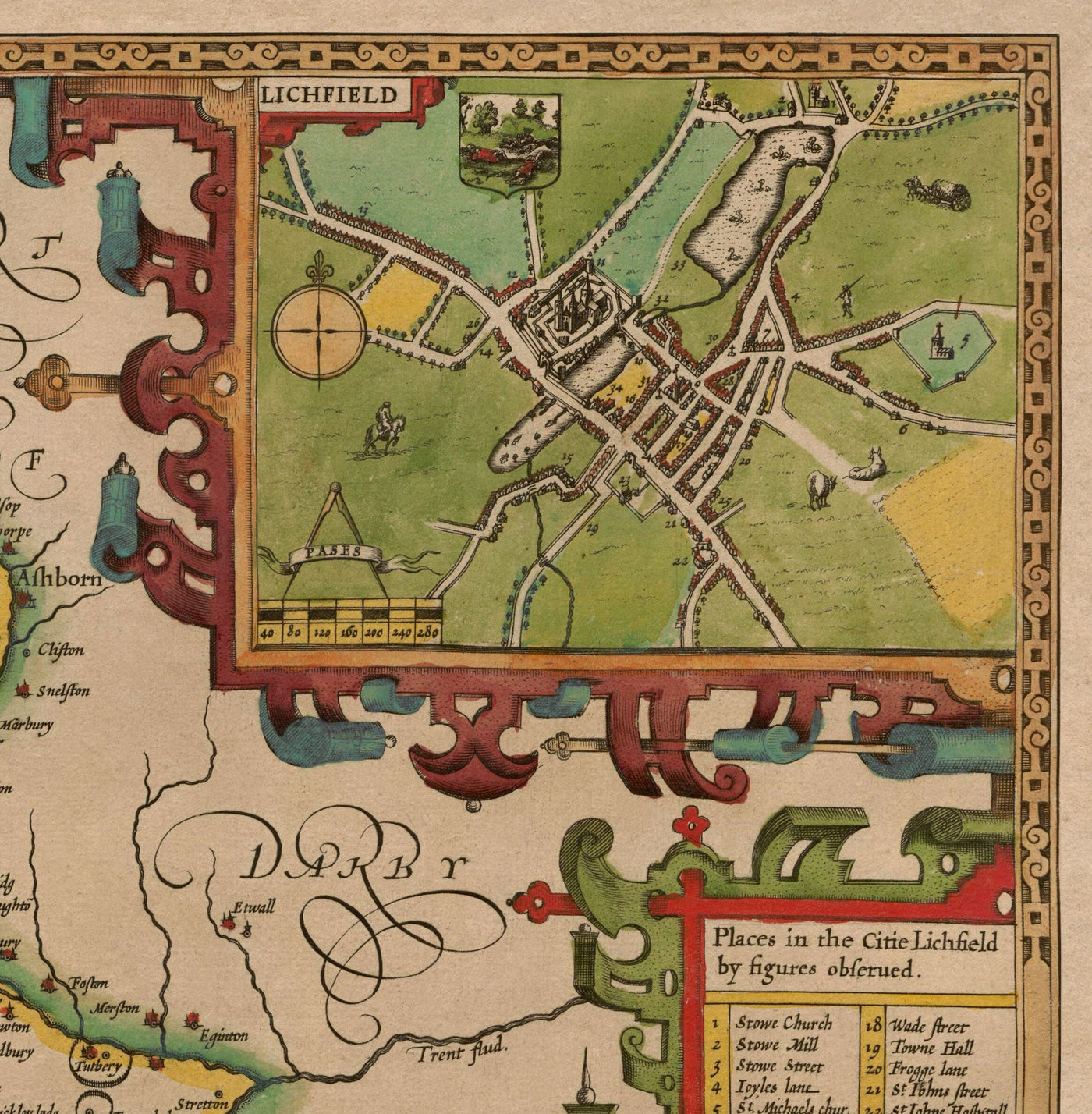 Ancienne carte de Staffordshire, 1611 par John Speed ​​- Stafford, Wolverhampton, Stoke-on-Trent, Lichfield, Birmingham, Dudley, Walsall