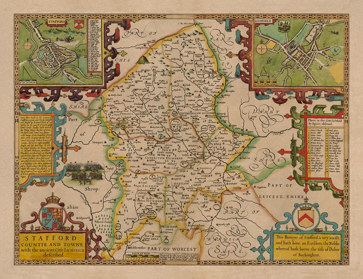 Alte Karte von Staffordshire, 1611 von John Speed ​​- Stafford, Wolverhampton, Stoke-on-Trent, Lichfield, Birmingham, Dudley, Walsall