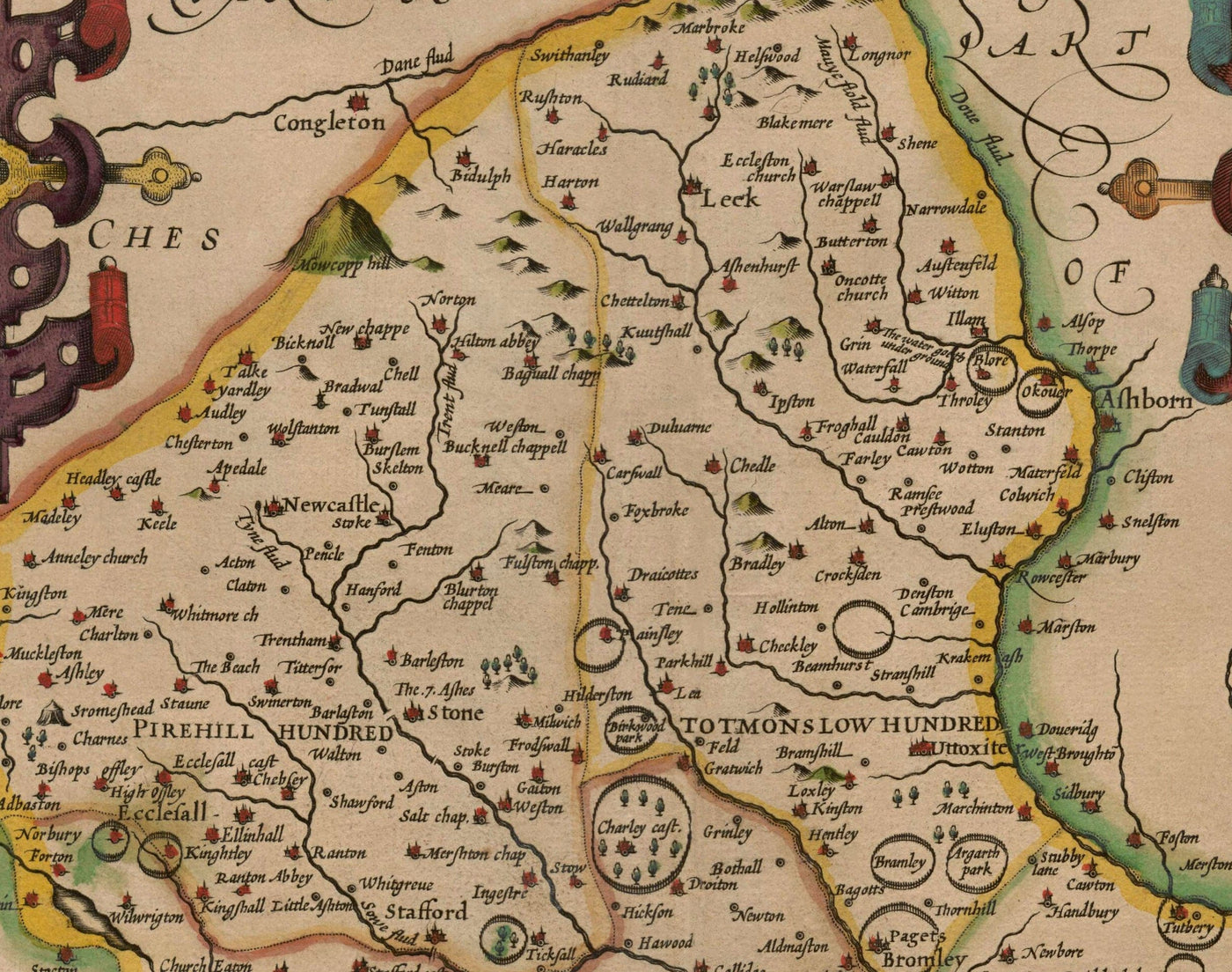 Ancienne carte de Staffordshire, 1611 par John Speed ​​- Stafford, Wolverhampton, Stoke-on-Trent, Lichfield, Birmingham, Dudley, Walsall