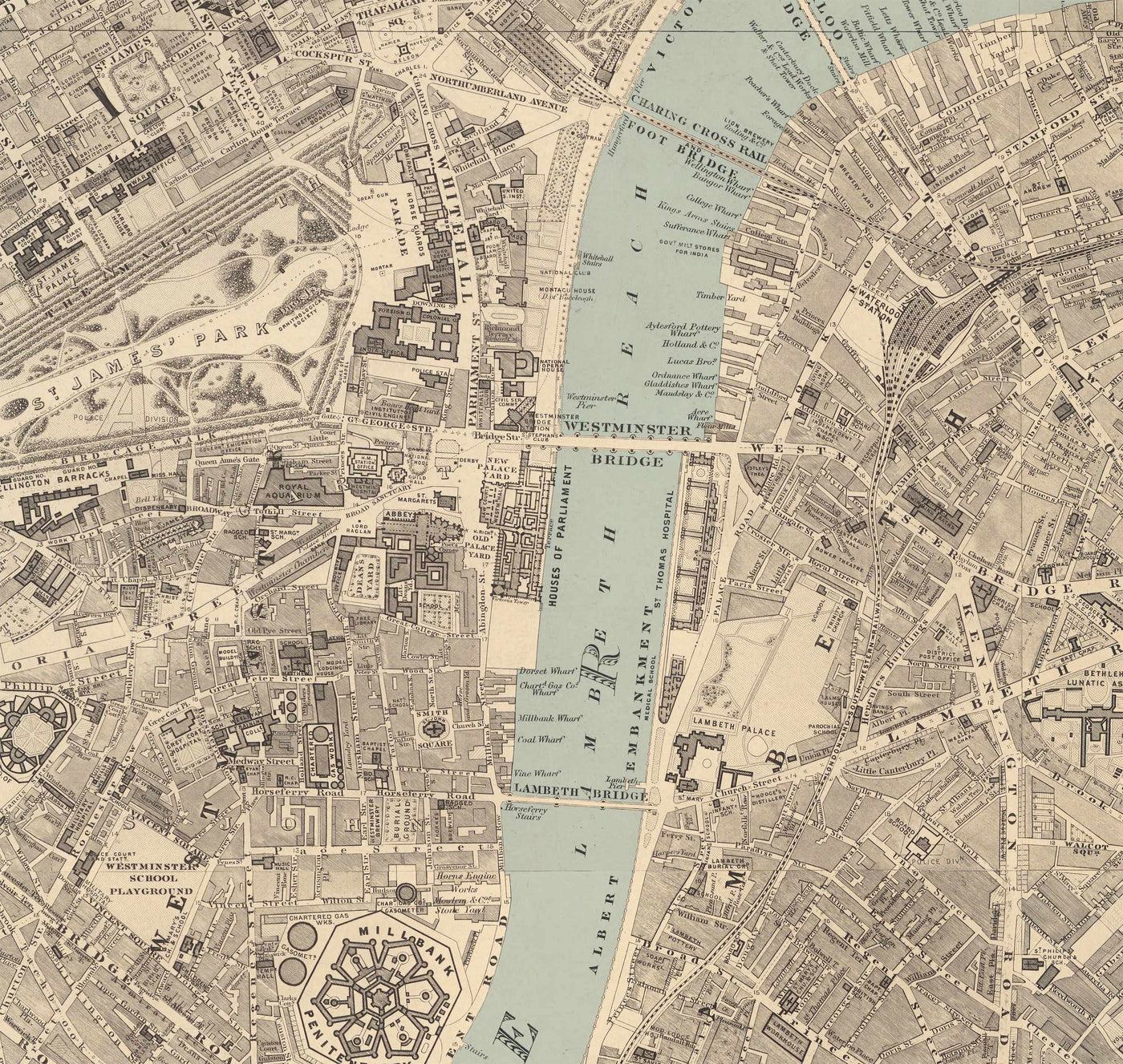 Gran mapa antiguo de Londres de Edward Stanford (1862, 1891) - Monocromo, Támesis azul o coloreado a mano
