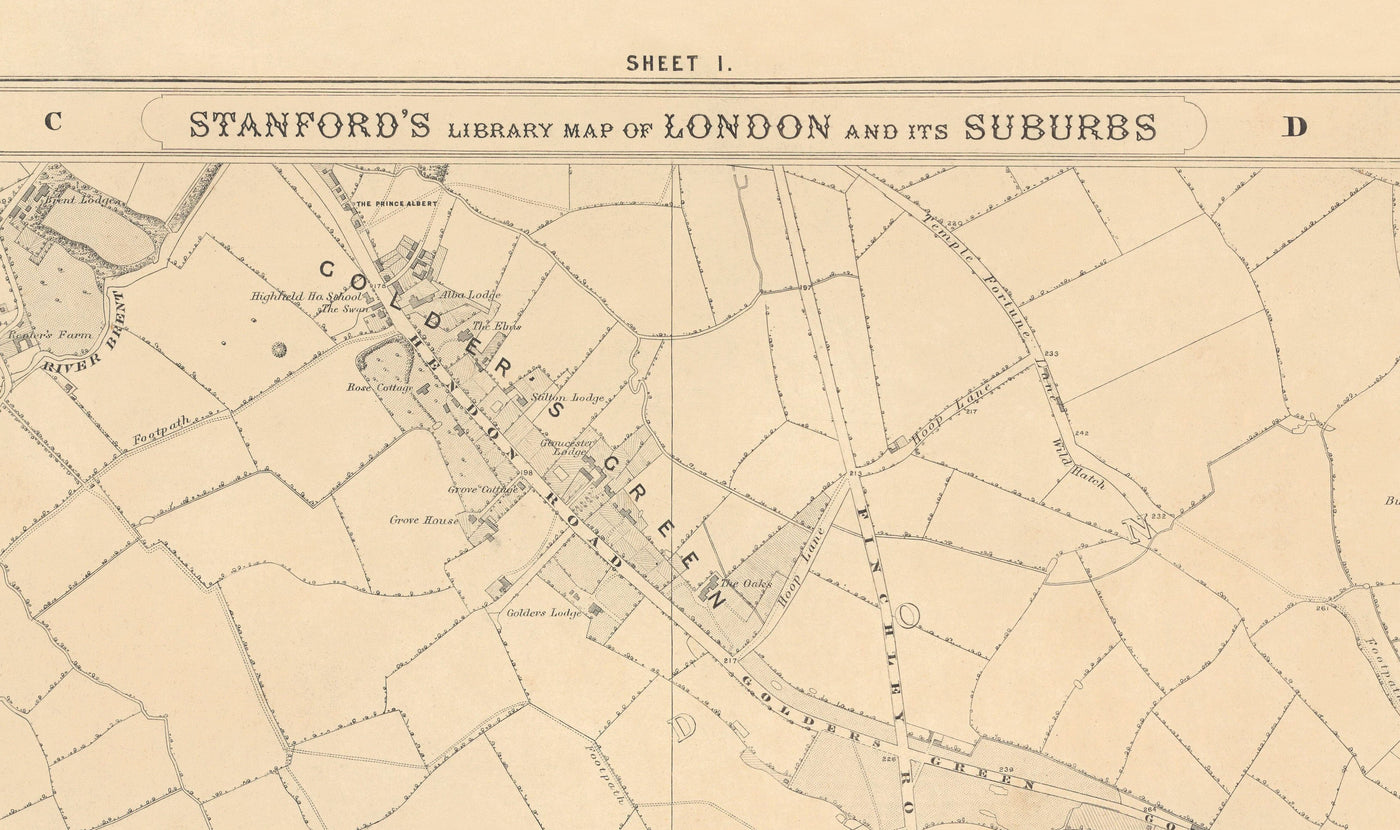 Ancienne carte du Nord London 1862 par Edward Stanford - Hampstead, Cricklewood, Golders Green, Finchley, Brent - NW2, NW3, NW11, NW4