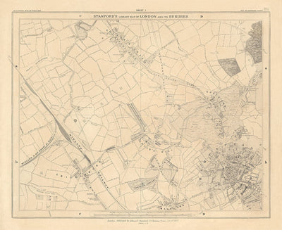 Ancienne carte du Nord London 1862 par Edward Stanford - Hampstead, Cricklewood, Golders Green, Finchley, Brent - NW2, NW3, NW11, NW4
