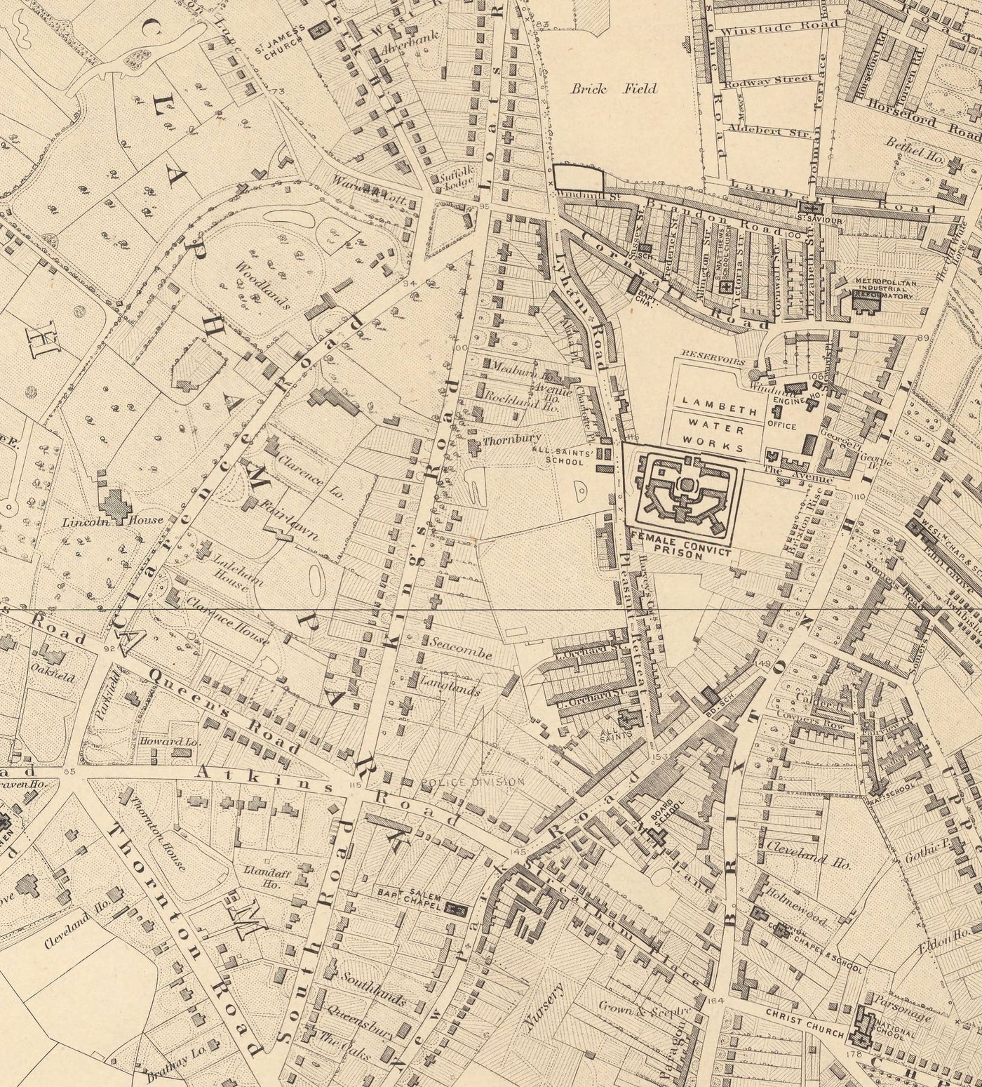 Ancienne carte de Sud Londres en 1862 par Edward Stanford - Clapham, Balham, Brixton, Toting - SW2, SW4, SW12, SW17, SW11