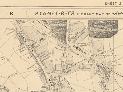 Mapa antiguo de North London en 1862 por Edward Stanford - Highgate, Hampstead Heath, Holloway, Crouch End - N6, N8, N19, N7, NW3, NW5