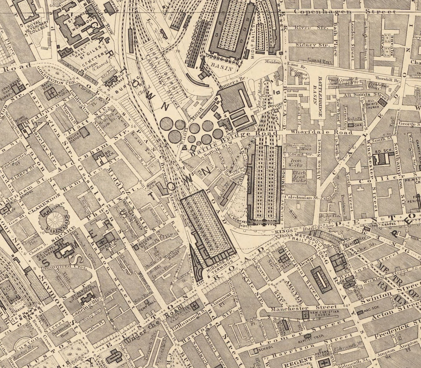 Mapa antiguo de North London en 1862 de Edward Stanford - Camden, Regents Park, Ciudad de Kentish, Kings Cross - NW1, N1C, N7, NW5, NW3, NW8