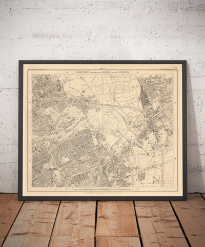 Mapa antiguo de East London en 1862 de Edward Stanford - Victoria Park, Hackney, Bow, Stratford, Tower Hamlets - E9, E20, E3, E15