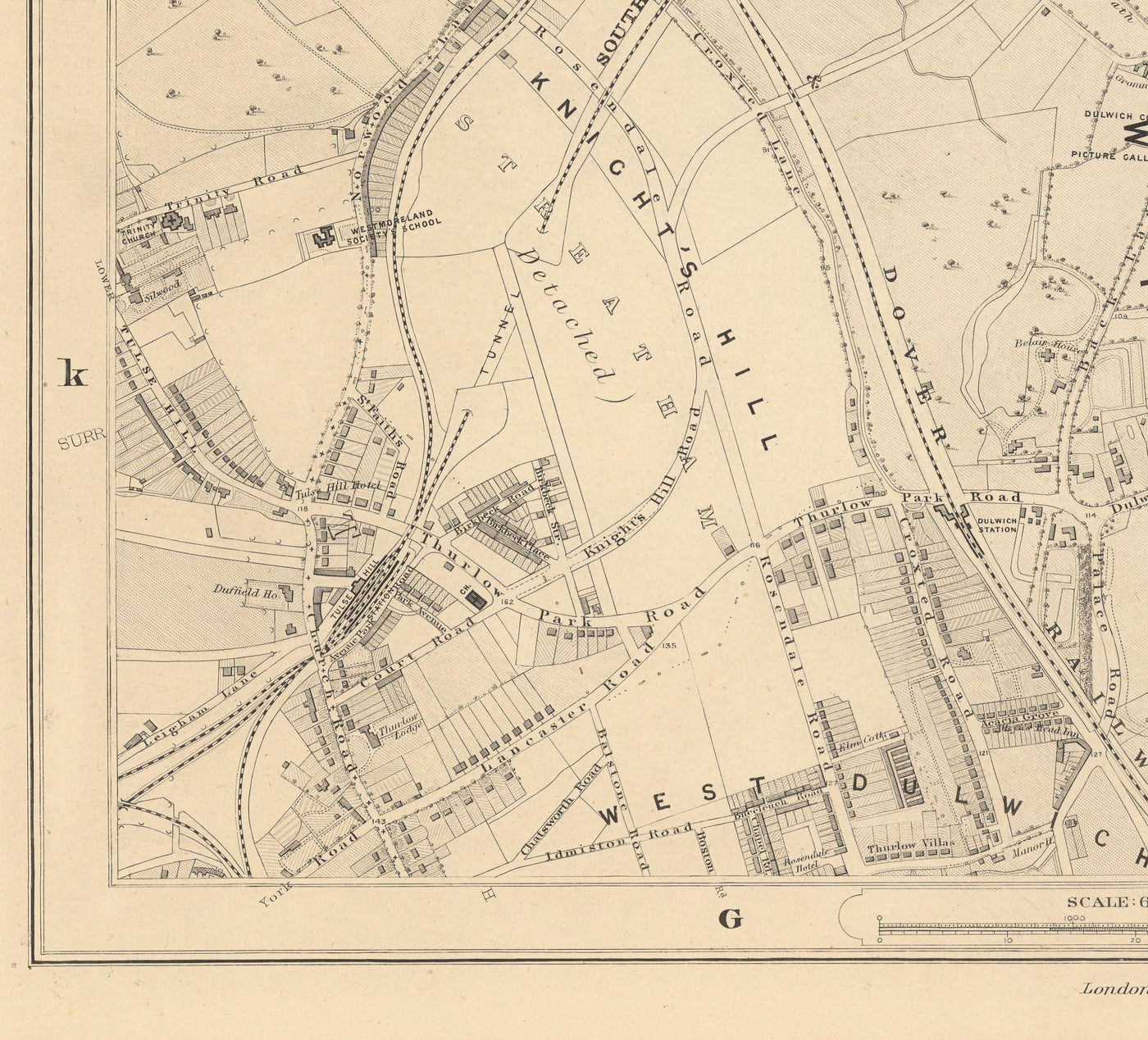 Mapa antiguo de South Londres en 1862 por Edward Stanford - Dulwich, Peckham Rye, Herne Hill, Forest Hill - SE24, SE22, SE21, SE23