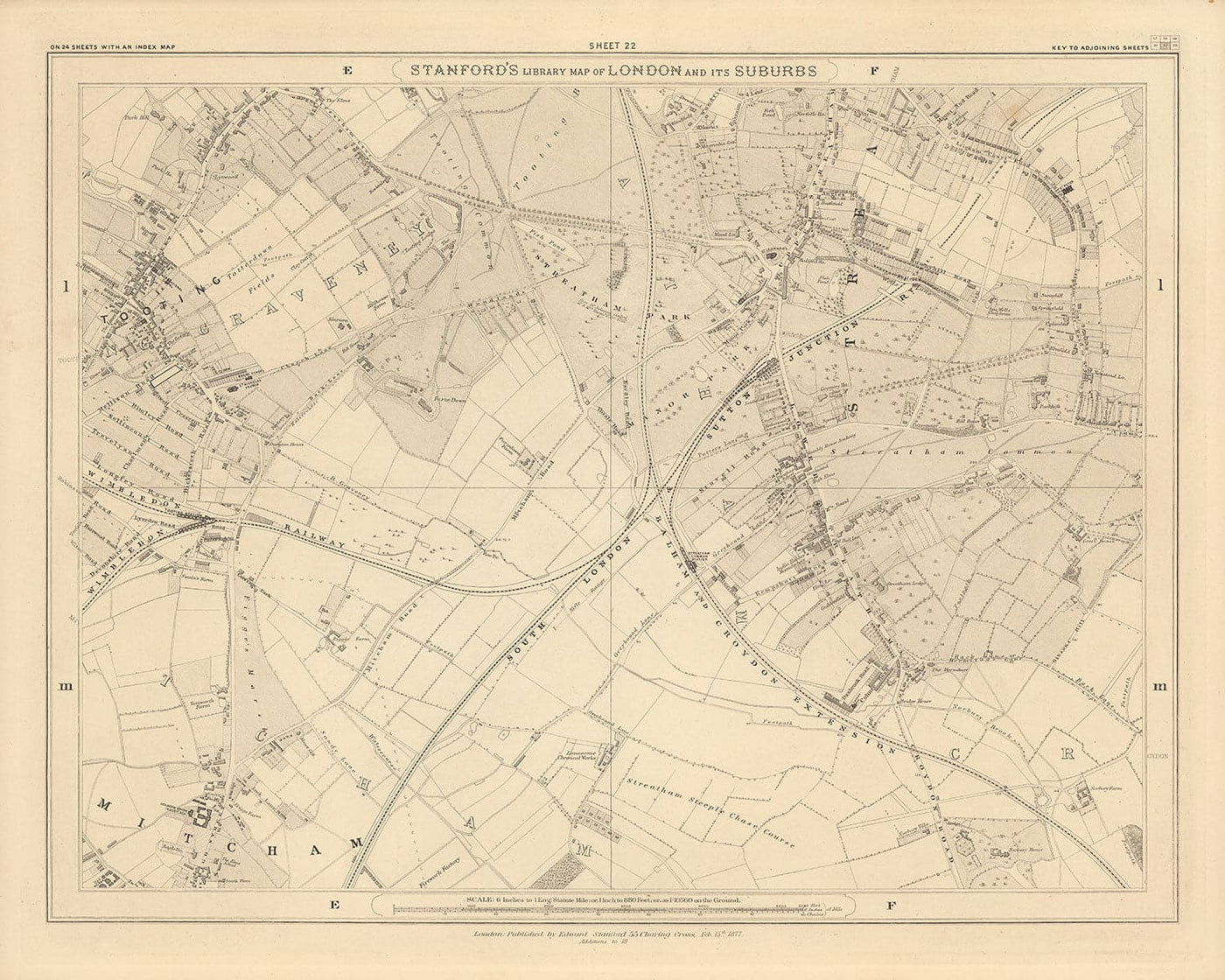 Alte Karte von South London 1862 von Edward Stanford - Stratham, Tooting, Mitcham, Norbury - SW17, SW16, CR4