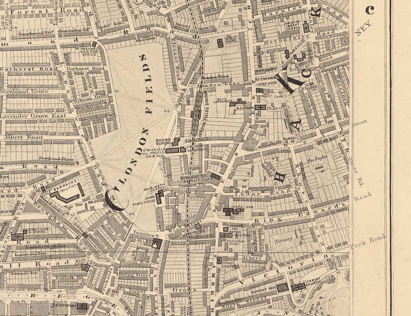 Alte Karte von London 1862 von Edward Stanford - Hoxton, Haggston, Dalston, Hackney, Bethnal Green - N1, N5, E8, E2, EC1