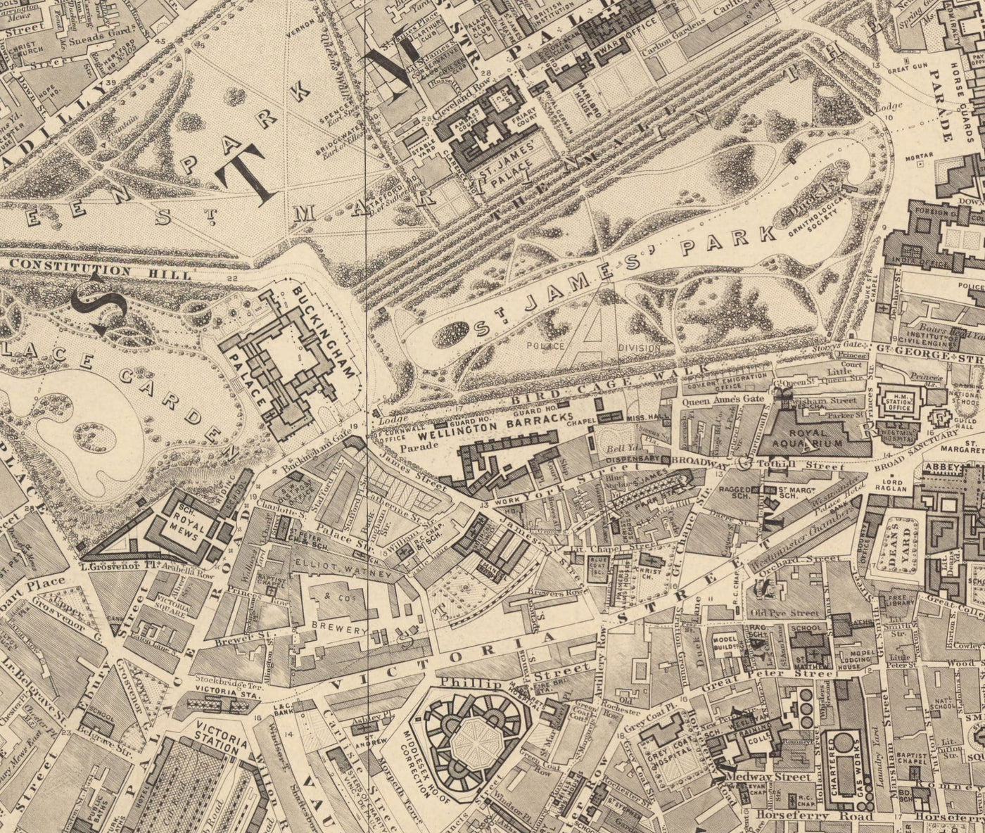 Mapa antiguo de Central London por Edward Stanford, 1862 - Mayfair, Oxford Street, Westminster, Knightsbridge, Waterloo - W1, WC1, WC2, SW1, W2