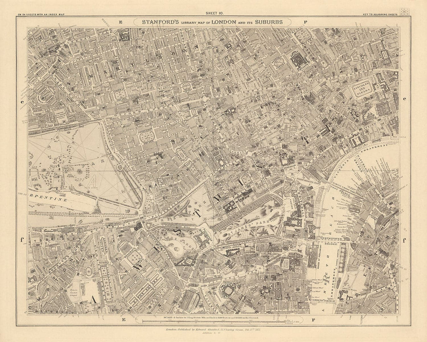 Mapa antiguo de Central London por Edward Stanford, 1862 - Mayfair, Oxford Street, Westminster, Knightsbridge, Waterloo - W1, WC1, WC2, SW1, W2