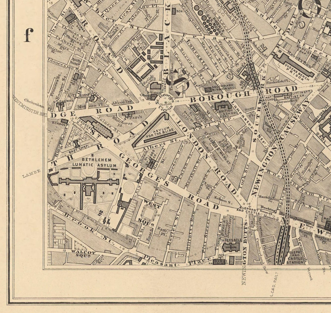Alte Karte der Stadt London von Edward Stanford, 1862 - London Bridge, St. Pauls, Liverpool St, Bank, Finsbury, Southwark - EC1, EC2, EC3, EC4, E1, E1W, SE1, SE16