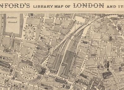 Old Map of City of London by Edward Stanford, 1862 - London Bridge, St Pauls, Liverpool St, Bank, Finsbury, Southwark - EC1, EC2, EC3, EC4, E1, E1W, SE1, SE16