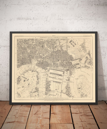 Mappa antica di East London nel 1862 di Edward Stanford - Isle of Dogs, Tower Hamlets, Limehouse, Poplar, Surrey Quays - E1, E3, E14, SE16 