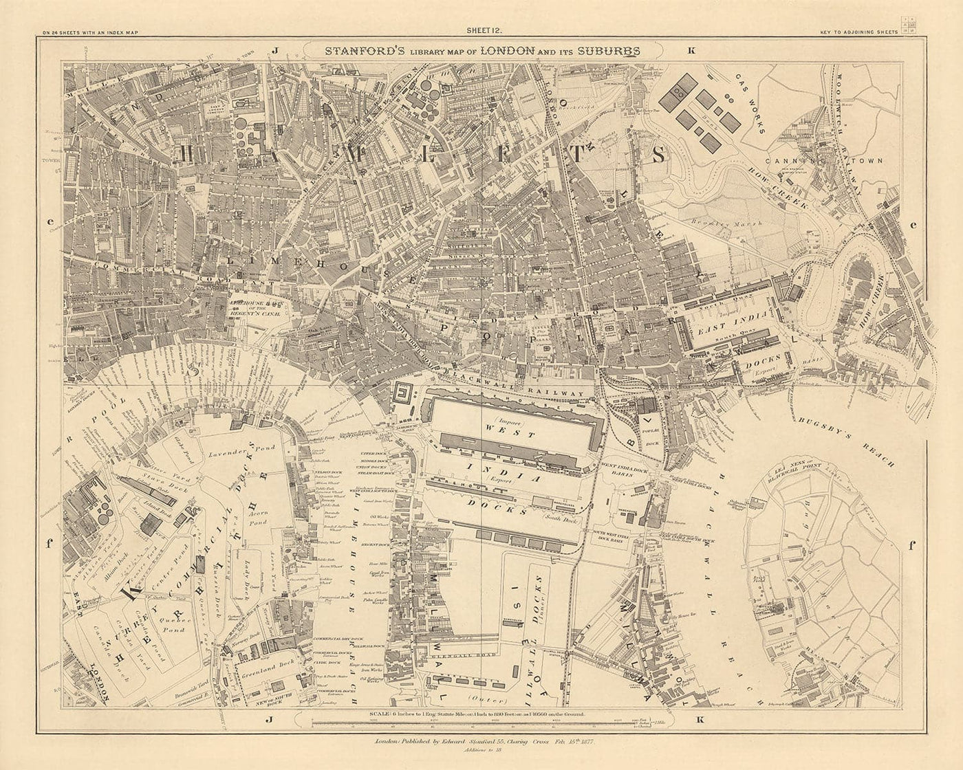 Mapa antiguo de East London en 1862 de Edward Stanford - Isla de Perros, Tower Hamlets, Limehouse, Poplar, Surrey Quays - E1, E3, E14, SE16