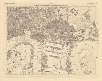 Mapa antiguo de East London en 1862 de Edward Stanford - Isla de Perros, Tower Hamlets, Limehouse, Poplar, Surrey Quays - E1, E3, E14, SE16