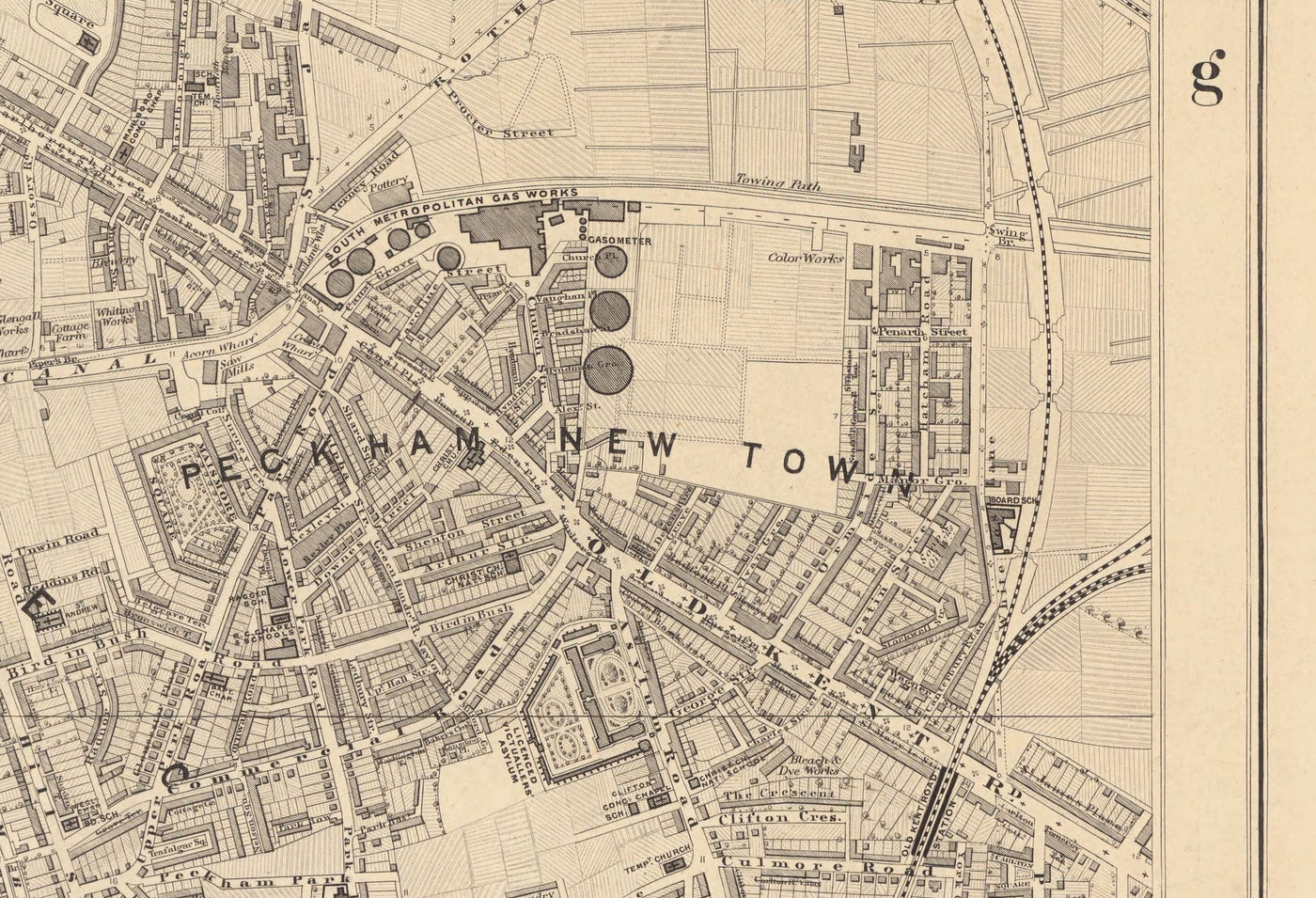 Alte Karte von South London von Edward Stanford, 1862 - Camberwell, Peckham, Walworth, Nunhead, Alt Kent Road - SE5, SE17, SE15, SE1, SE16