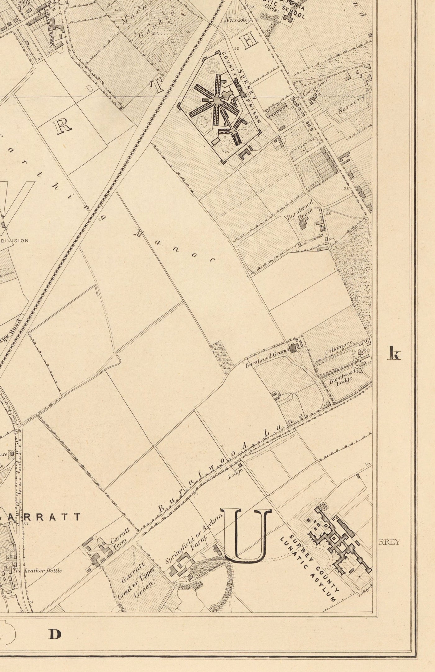 Alte Karte von South London von Edward Stanford, 1862 - Wandsworth, Wimbledon, Putney, Earlsfield, Fluss Wandle - SW15, SW18, SW19