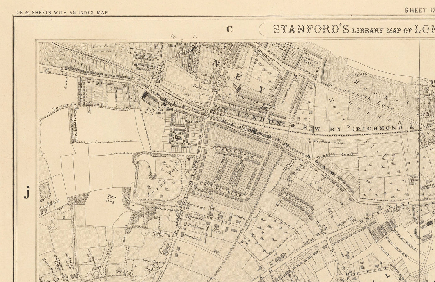 Mapa antiguo del sur de Londres por Edward Stanford, 1862 - Wandsworth, Wimbledon, Putney, Earlsfield, River Wandle - SW15, SW18, SW19
