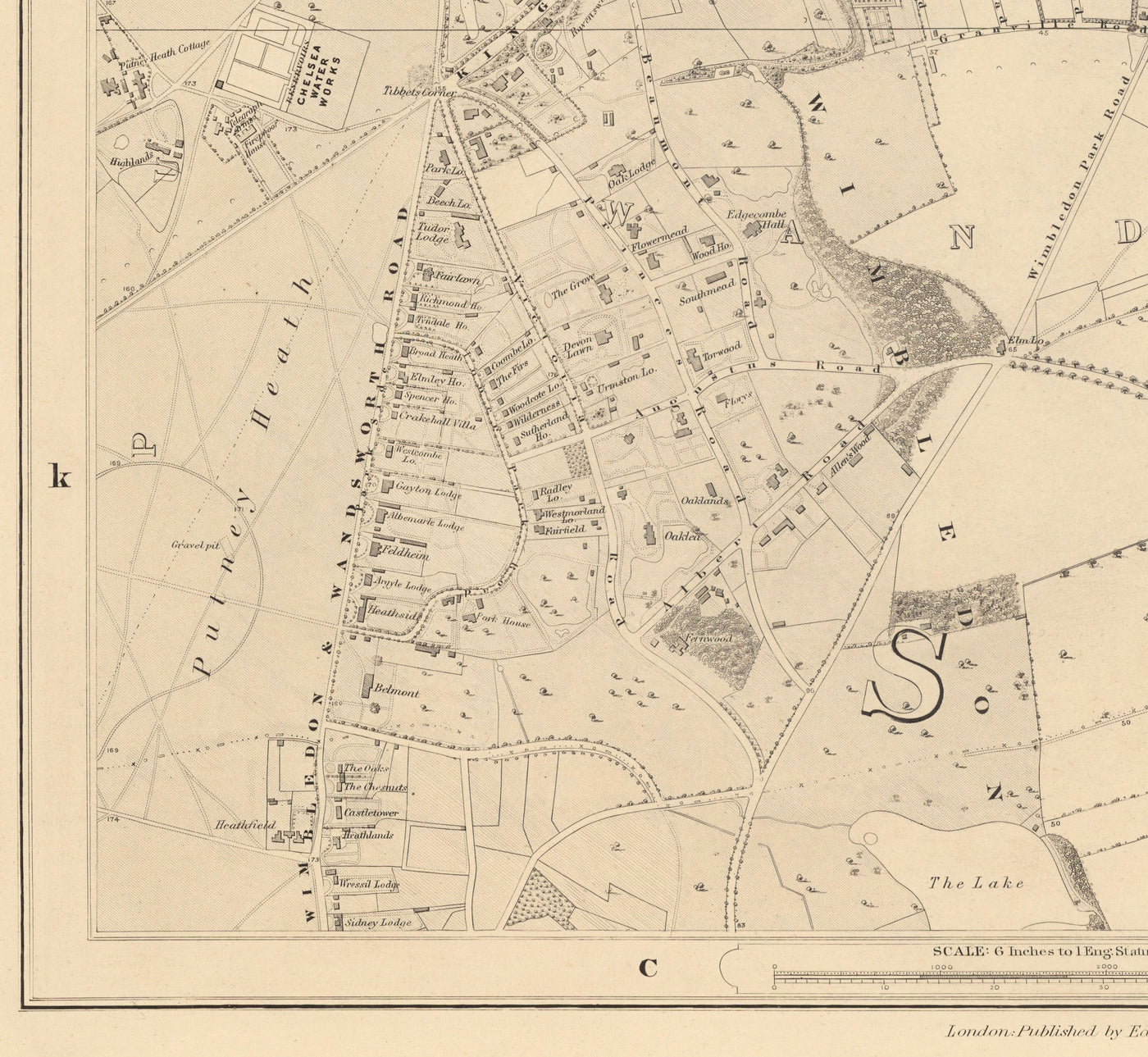 Ancienne carte de Sud Londres par Edward Stanford, 1862 - Wandsworth, Wimbledon, Putney, Earlsfield, River Wandle - SW15, SW18, SW19