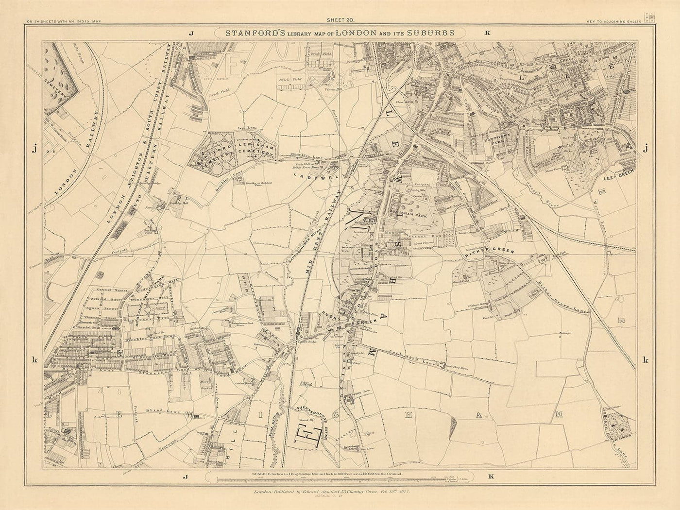 Alte Karte von Südosten London von Edward Stanford, 1862 - Lewisham, Ladywell, Brockley, Catford - SE4, SE13, SE23, SE6