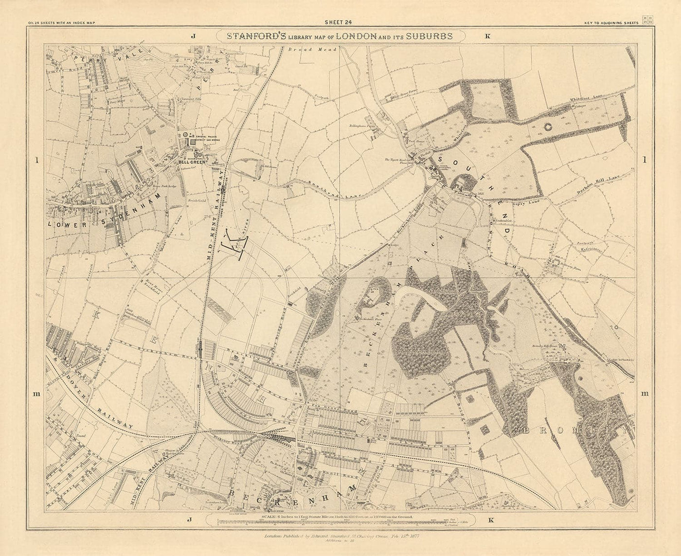 Viejo Mapa del Sureste de Londres, 1862 de Edward Stanford - Bromley, Beckenham, Sydenham, Southend, Downham - SE26, SE6, BR1, BR2