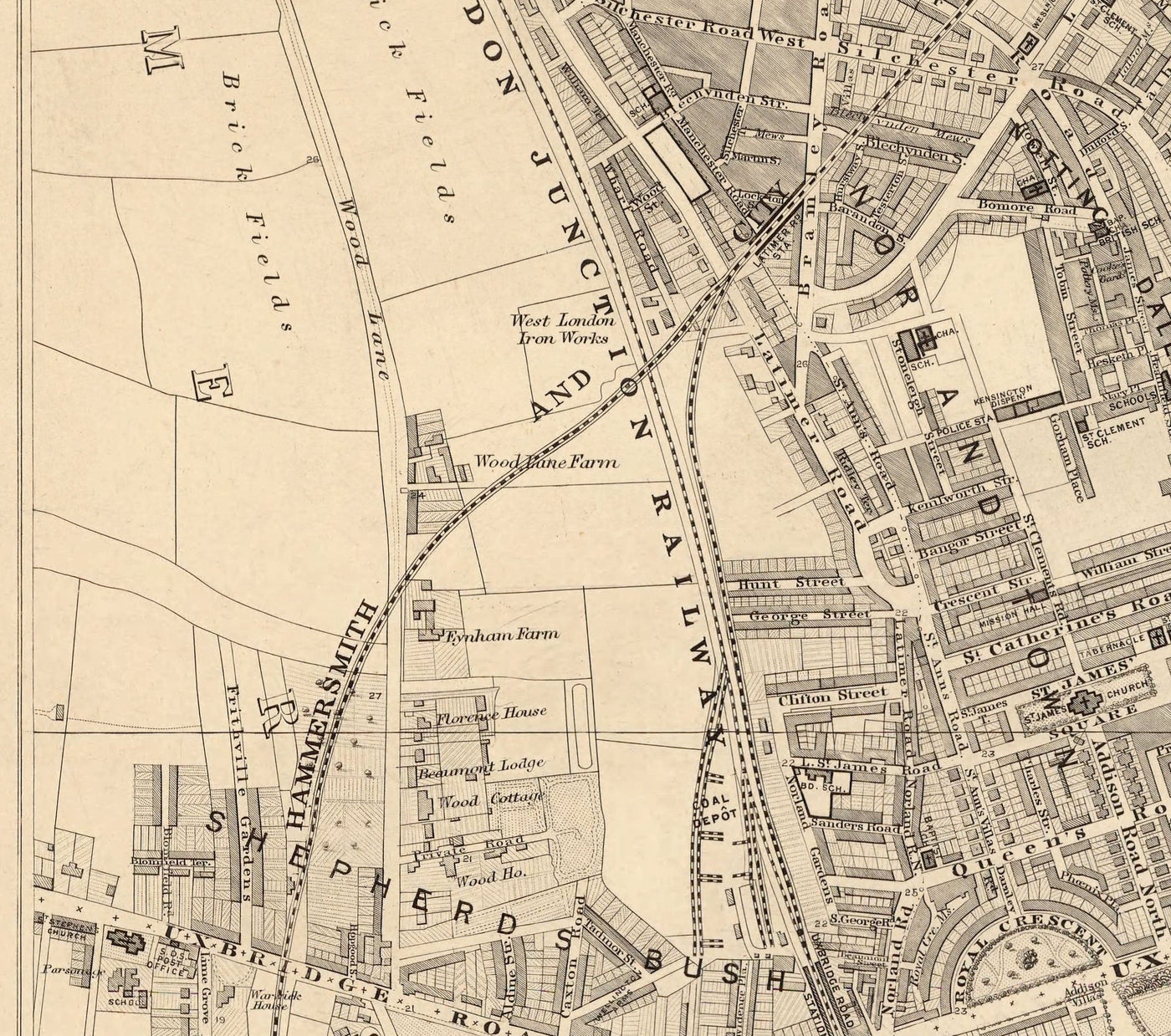 Viejo mapa de West London, 1862 de Edward Stanford - Notting Hill, Kensington, Portobello Road, Shepherds Bush, Bayswater - W11, W2, W8, SW7, W14, W6, W12, W10