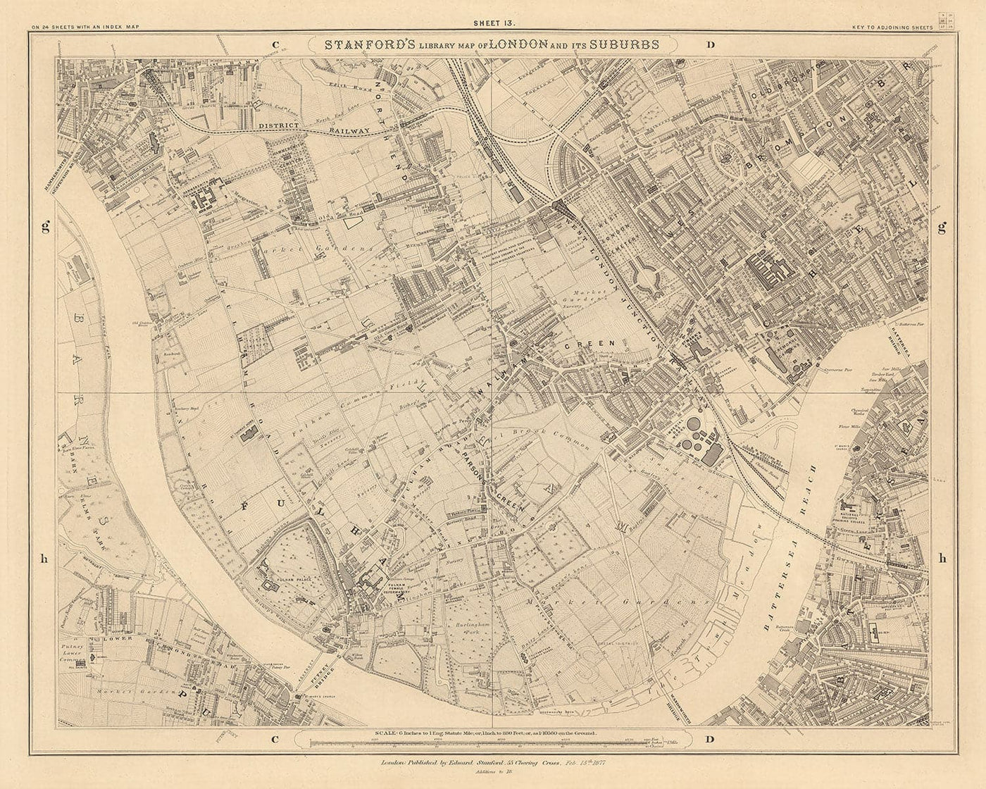 Mapa antiguo de West London en 1862 de Edward Stanford - Fulham, Brompton, Battersea, Hammersmith - SW6, SW10, SW15, SW18, SW10, SW11, SW5, W6, W14