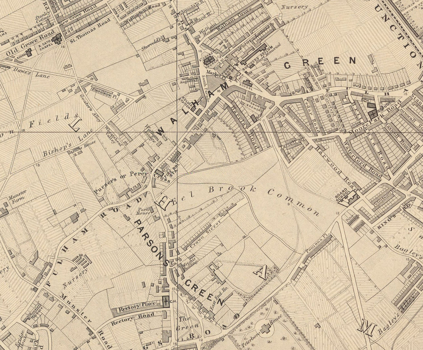 Ancienne carte de West London en 1862 par Edward Stanford - Fulham, Brompton, Battersea, Hammersmith - SW6, SW10, SW15, SW18, SW10, SW11, SW5, W6, W14
