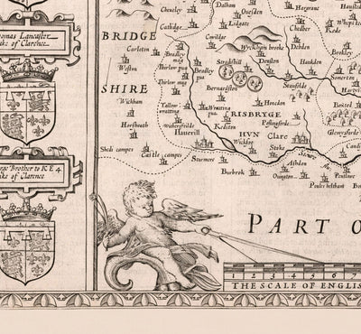 Alte monochrome Karte von Suffolk, 1611 nach Geschwindigkeit - Ipswich, Tiefstoft, Bury St. Edmunds, Haverhill, Felixstowe