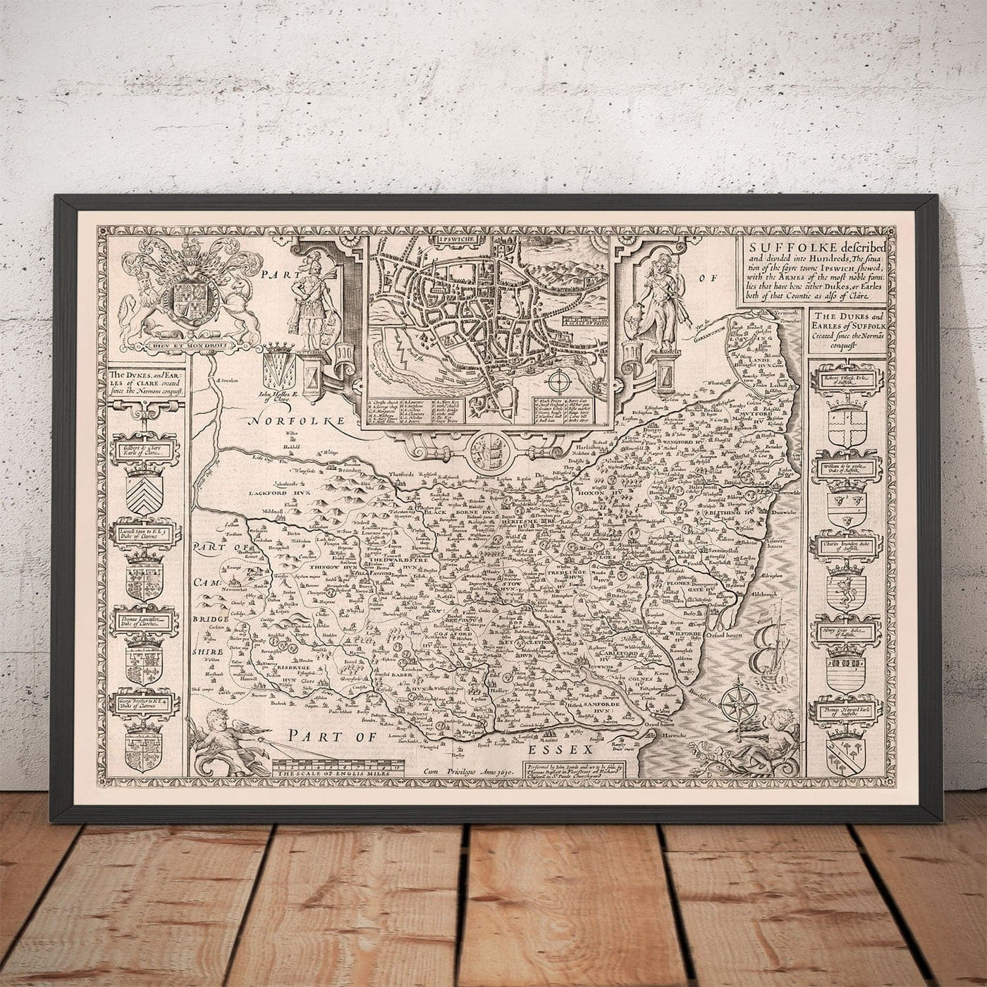 Viejo mapa monocromo de Suffolk, 1611 por velocidad - Ipswich, Lowestoft, Bury St Edmunds, Haverhill, Felixstowe