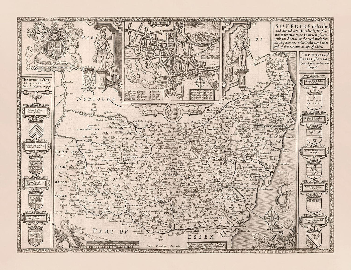 Old Monochrome Carte de Suffolk, 1611 par Speed ​​- Ipswich, Lowestoft, Bury St Edmunds, Haverhill, Felixstowe