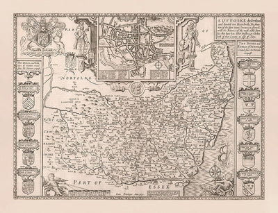 Old Monochrome Carte de Suffolk, 1611 par Speed ​​- Ipswich, Lowestoft, Bury St Edmunds, Haverhill, Felixstowe