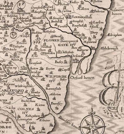 Viejo mapa monocromo de Suffolk, 1611 por velocidad - Ipswich, Lowestoft, Bury St Edmunds, Haverhill, Felixstowe
