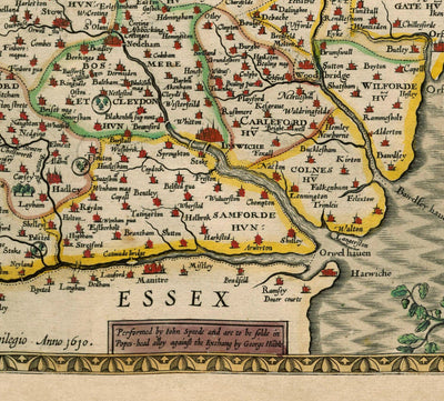 Ancienne Carte de Suffolk, 1611 par John Speed ​​- Ipswich, Lowestoft, Bury St Edmunds, Haverhill
