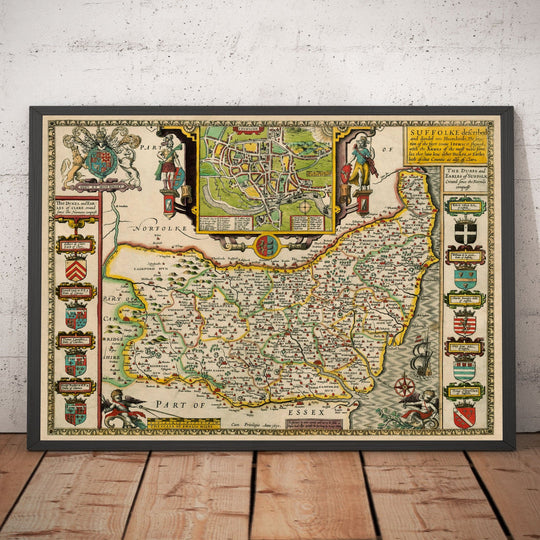 Old Map of Suffolk, 1611 by John Speed - Ipswich, Lowestoft, Bury St E ...