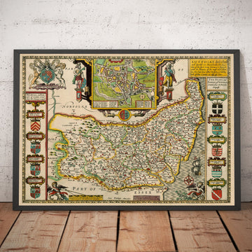 Ancienne Carte de Suffolk, 1611 par John Speed ​​- Ipswich, Lowestoft, Bury St Edmunds, Haverhill
