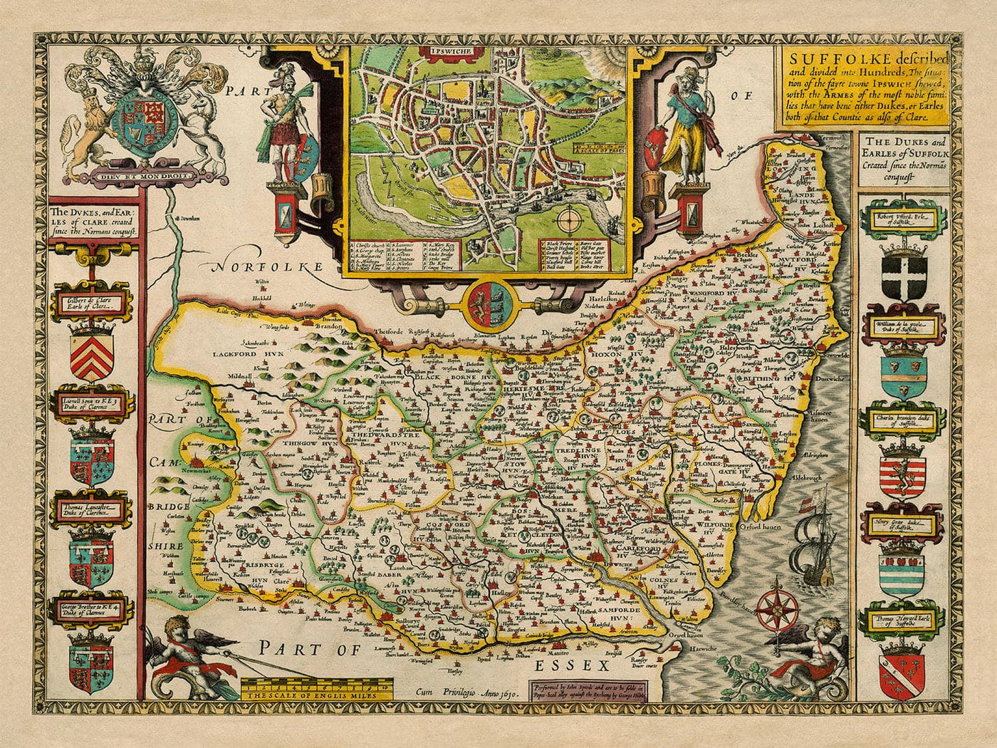Viejo Mapa de Suffolk, 1611 de John Speed ​​- Ipswich, Lowestoft, Bury St Edmunds, Haverhill