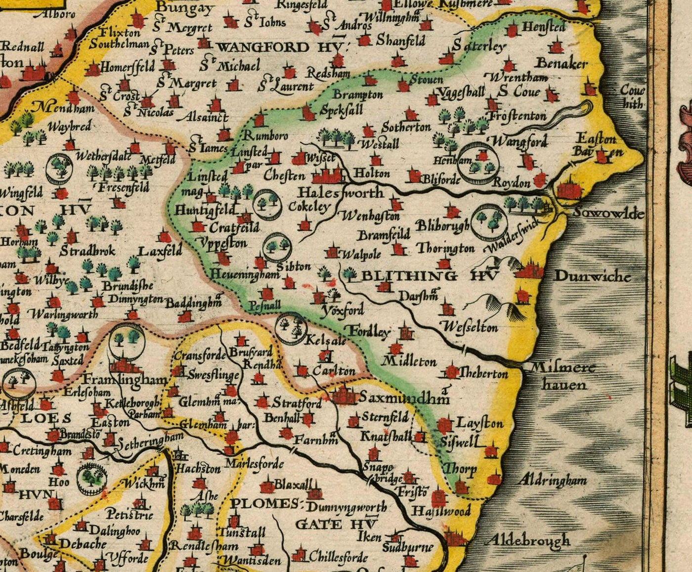 Alte Karte von Suffolk, 1611 von John Speed ​​- Ipswich, Niedrigstart, Bury St. Edmunds, Haverhill