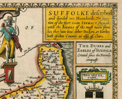 Alte Karte von Suffolk, 1611 von John Speed ​​- Ipswich, Niedrigstart, Bury St. Edmunds, Haverhill