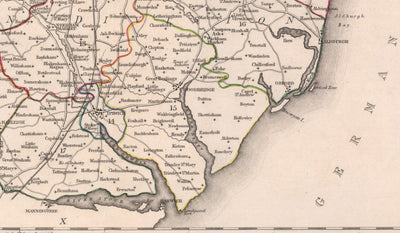 Alte Karte von Suffolk im Jahr 1844 von Samuel Lewis - Ipswich, Woodbridge, Bury St. Edmunds, Thetford, Great Yarmouth