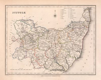 Alte Karte von Suffolk im Jahr 1844 von Samuel Lewis - Ipswich, Woodbridge, Bury St. Edmunds, Thetford, Great Yarmouth